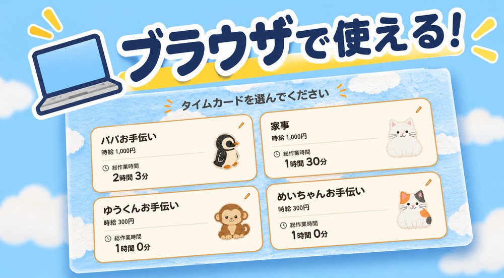 ブラウザで使える! ほのぼのタイムカードの画面イメージ。パパお手伝い、家事、ゆうくんお手伝い、めいちゃんお手伝いのタイムカードが並んでいる